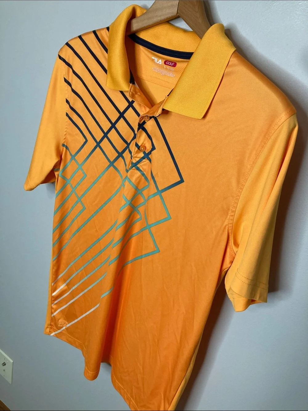 Fila Golf Men's Small Bright Orange Polo with Geometric Stripe Graphic in Blue